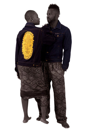 Denim jacket  featuring embroidered image of Iyoba Idia. African Fashion style