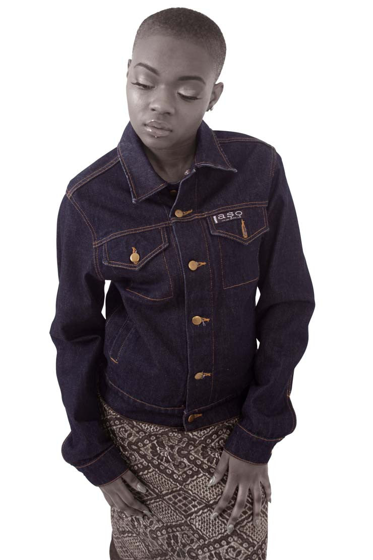 Denim jacket  featuring embroidered image of Iyoba Idia. African