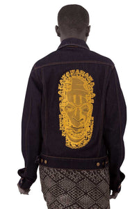 Denim jacket  featuring embroidered image of Iyoba Idia. African