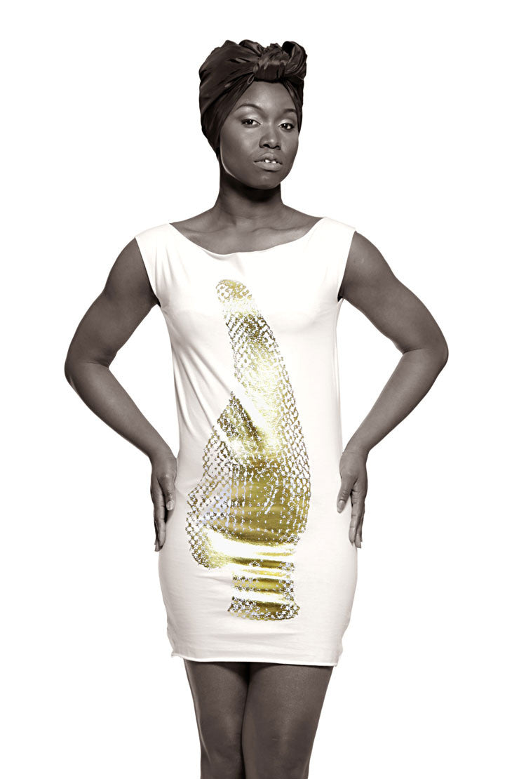 Iyoba Idia Profile T-Dress (White/Gold Foil) Womens