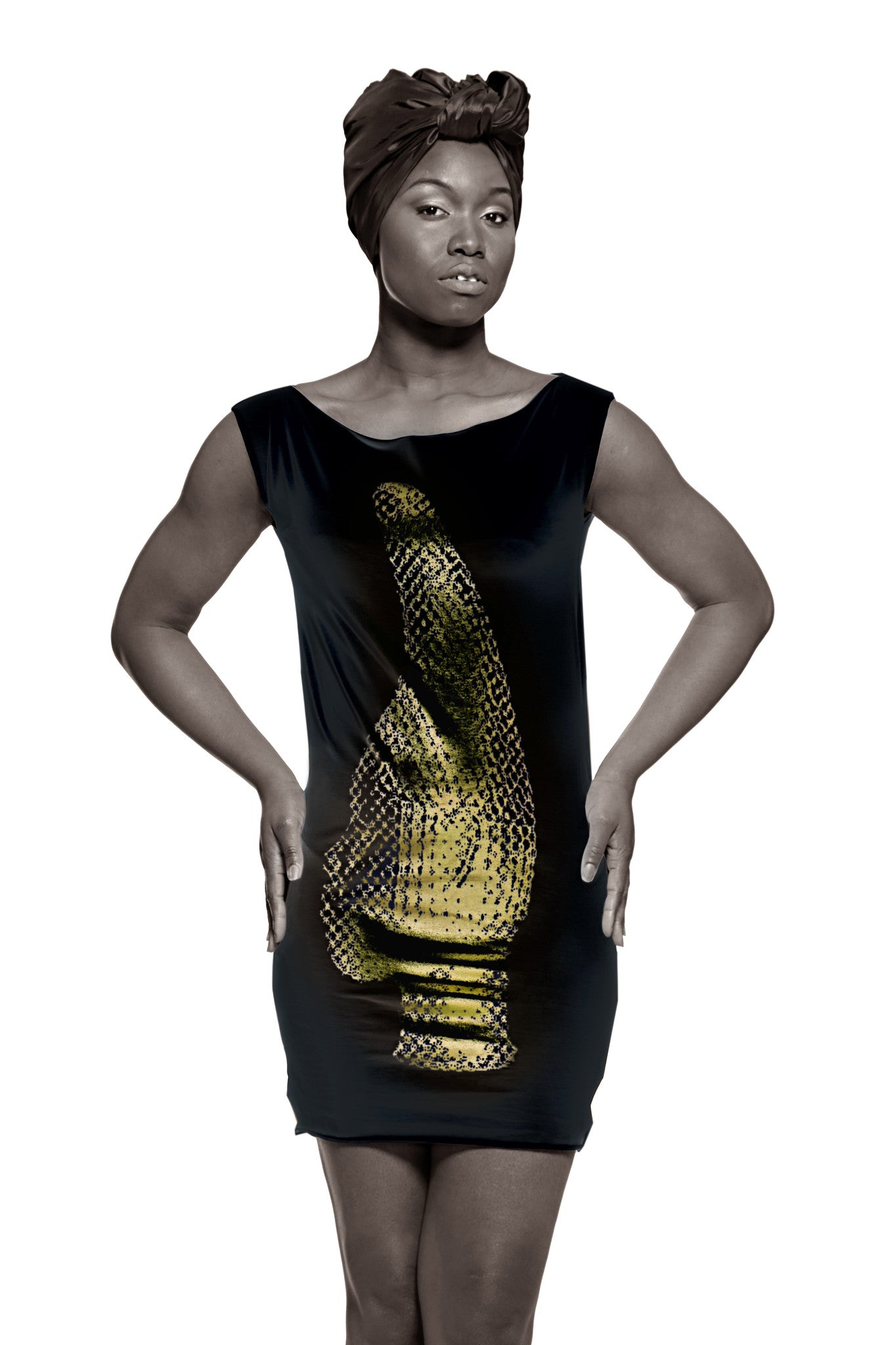Iyoba Idia Profile T-Dress (Black/Gold Foil) Womens